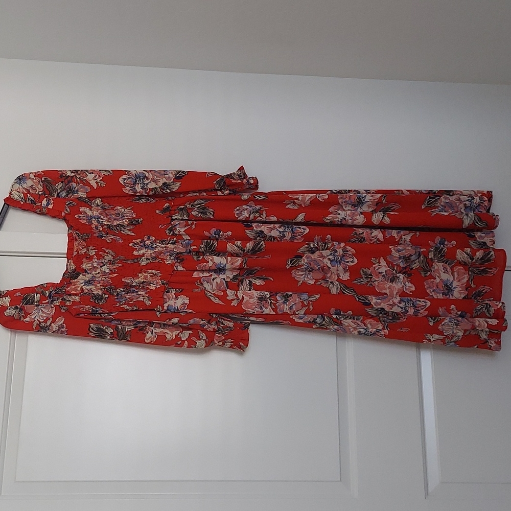 Red floral midi dress with smocked cuffs